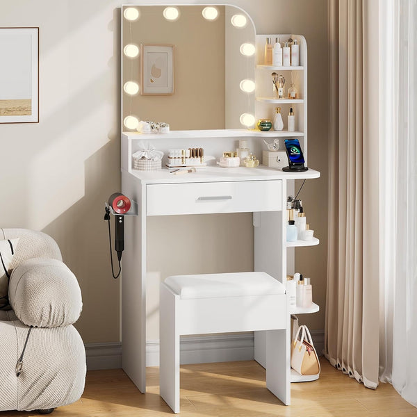 Pipleo White Vanity Set with Mirror and Lights, 26.4" Small Vanity with Stool and Charging Station, Makeup Vanity Desk, 3 Color Lighting Modes