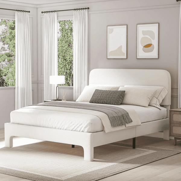 Queen Size Bed Frame, Pipleo Upholstered Bed Frame Queen with Rounded Corners, Adjustable Bed Frame in Modern Style, Heavy Duty Mattress Foundation, Noise-Free, Easy Assembly, Cream