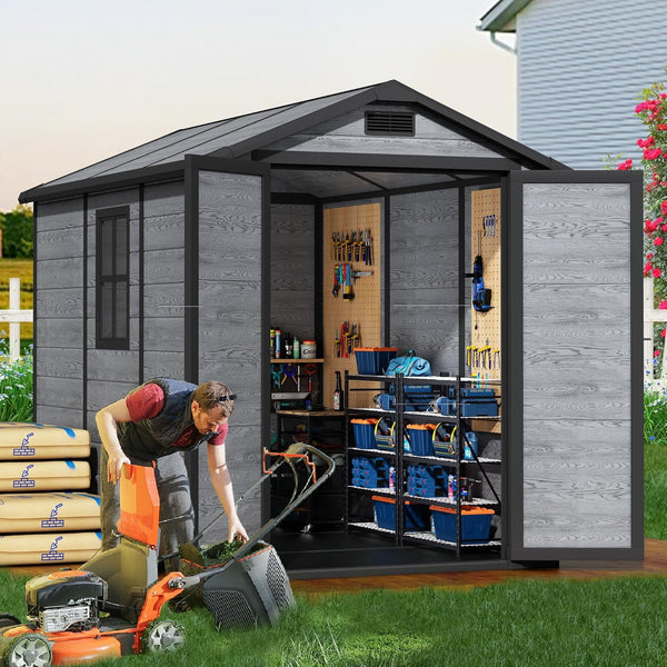 Resin Storage Shed with Floor, Wanan 8.7x5.5 FT Outdoor Plastic Garden Shed with Windows, Lockable Door, Wood Grain Tool Shed for Backyard, Patio, Lawn