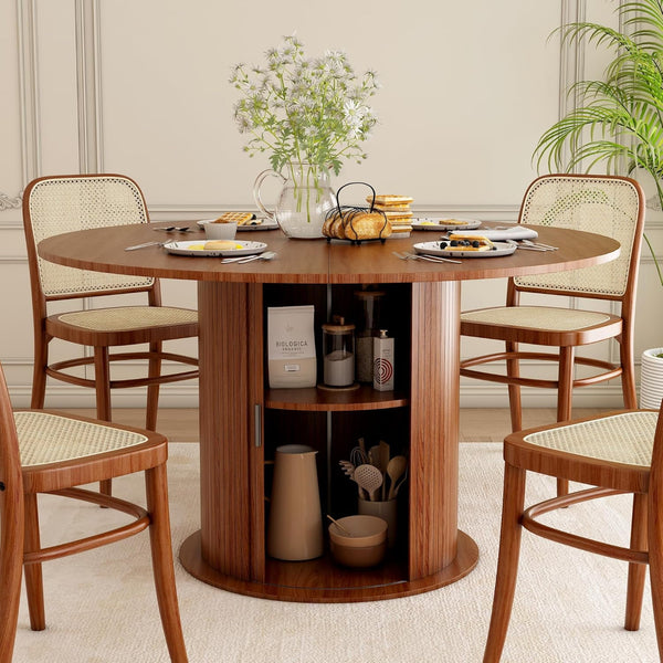 Round Dining Table for 4, Akaber 47 Inch Kitchen Table with 2-Layer Storage Shelf & Wood Slide Door, Walnut Wood Dinner Table for Dining Room