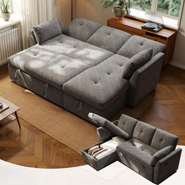 Sofa Bed 3 in 1 with Storage Chaise & USB Charging, Akaber 82" Pull Out Sleeper Sofa Tool-Free Assembly, Sectional Futon Couch for Living Room, Apartment