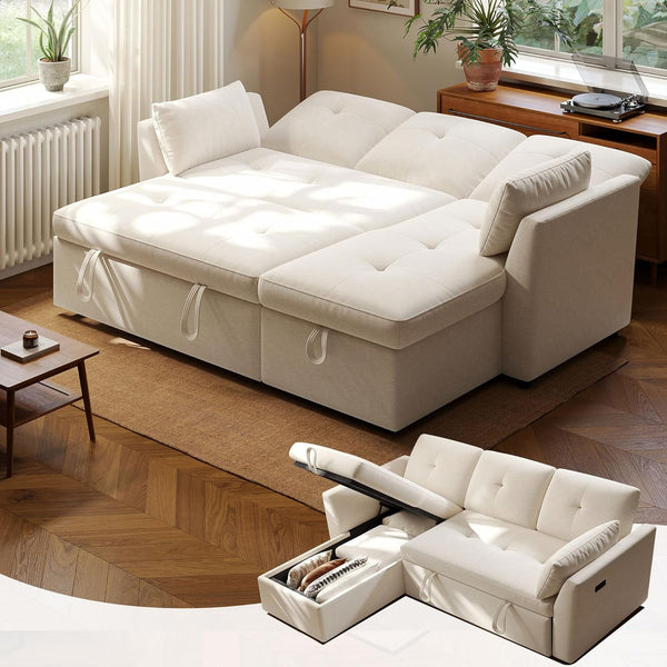 Sofa Bed 3 in 1 with Storage Chaise & USB Charging, Akaber 82" Pull Out Sleeper Sofa Tool-Free Assembly, Sectional Futon Couch for Living Room, Apartment
