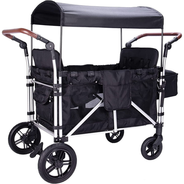 Stroller Wagon for 4 Kids, Wanan 4 Seater Stroller Wagon W/ Double Push Bar, 5-Point Harnesses, Adjustable Canopy, Storage, Insulated Bags, 4 Child Stroller Wagon for Beach, Garden, Shopping, Camping