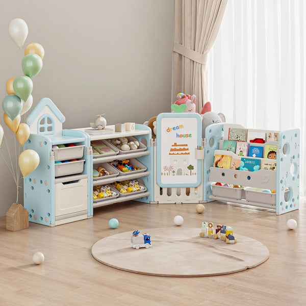 Toy Storage Organizer and Bookshelf for Kids, Akaber Toys Organizer 3 Tier Foldable with 10 Removable Bins & Drawing Board (Blue, 3 Brushes)