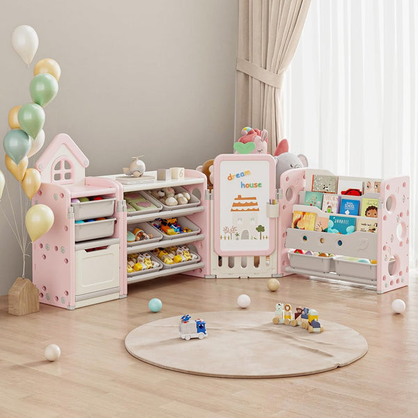 Toy Storage Organizer and Bookshelf for Kids, Akaber Toys Organizer 3 Tier Foldable with 10 Removable Bins & Drawing Board (Pink, 3 Brushes)