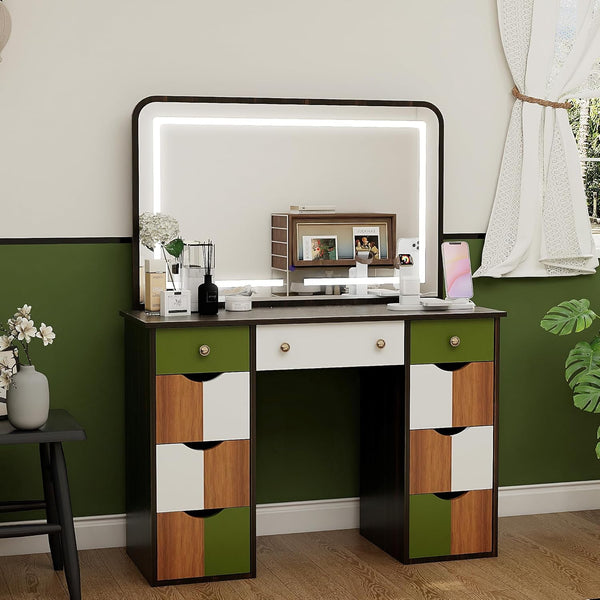 Vanity Desk with Mirror, Power Outlet, Wanan Makeup Vanity with 9 Drawers and 3 Adjustable LED Lights, Black Walnut Dressing Table for Bedroom