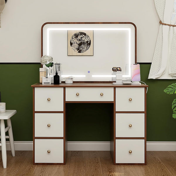 Vanity Desk with Mirror, Power Outlet, Wanan Makeup Vanity with 9 Drawers and 3 Adjustable LED Lights, Yellow Walnut Dressing Table for Bedroom