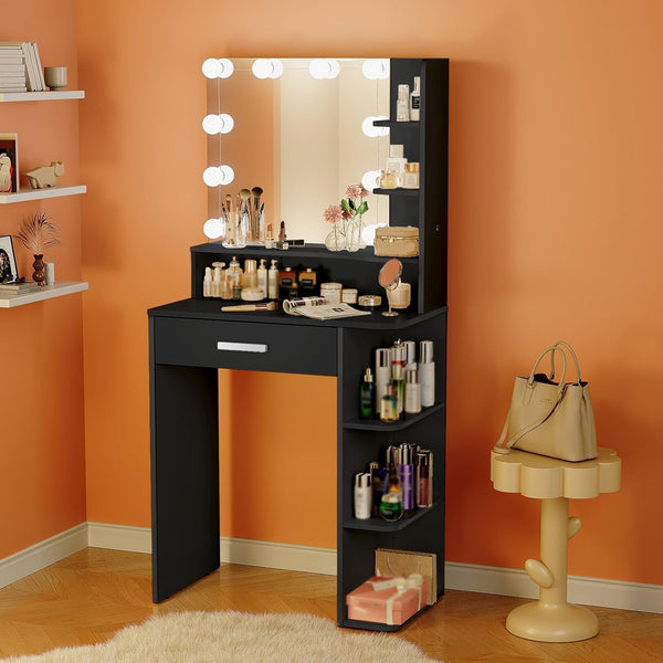 Vanity Desk with Mirror and Lights, Wanan 26.4" Makeup Vanity with Large Drawer, 6 Storage Levels, Small Black Vanity Desk with Large LED Mirror