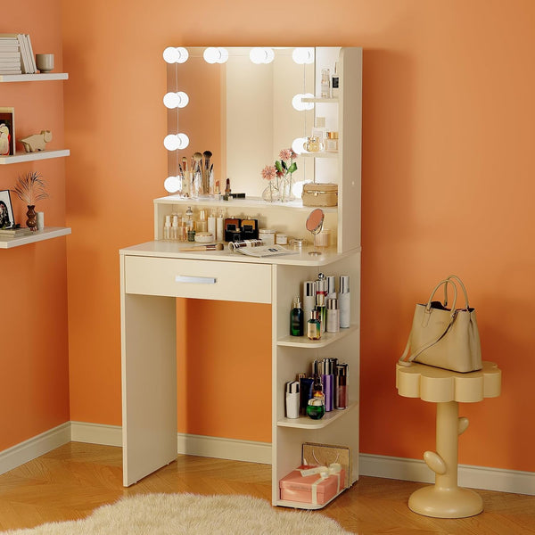 Vanity Desk with Mirror and Lights, Wanan 26.4" Makeup Vanity with Large Drawer, 6 Storage Levels, Small White Vanity Desk with Large LED Mirror