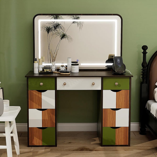 Pipleo Vanity Desk with Mirror and Lights, Makeup Vanity with 3 Adjustable LED Lights & Power Outlet, White Dressing Table with 7 Drawers