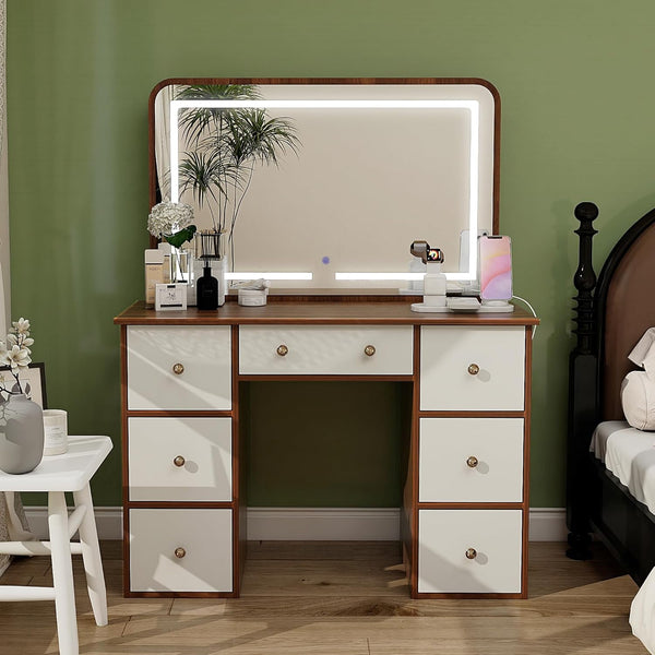 Pipleo Vanity Desk with Mirror and Lights, Makeup Vanity with 3 Adjustable LED Lights & Power Outlet, White Dressing Table with 7 Drawers