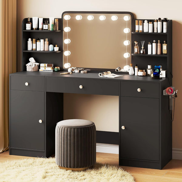 Vanity with Mirror and Lights, Makeup Vanity Desk Large 58.27" with 14 Bulbs, 3 Color Modes, Akaber Black Vanity with Hair Dryer Holder and USB Charging Station