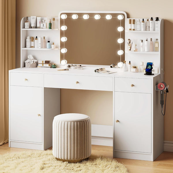 Vanity with Mirror and Lights, Makeup Vanity Desk Large 58.27" with 14 Bulbs, 3 Color Modes, Akaber White Vanity with Hair Dryer Holder and USB Charging Station