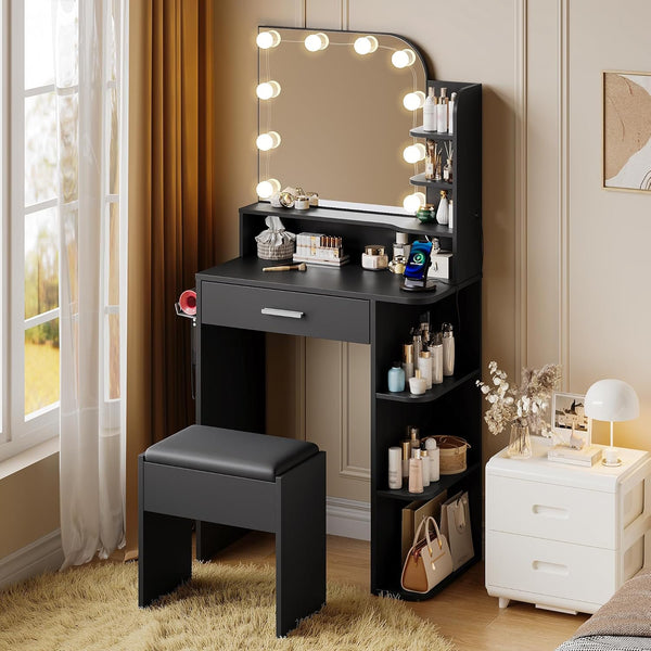Black Vanity Set with Mirror and Lights, Pipleo 26.4" Small Vanity with Stool and Charging Station, Makeup Vanity Desk, 3 Color Lighting Modes