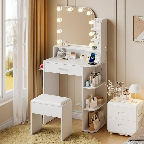 White Vanity Set with Mirror and Lights, Pipleo 26.4" Small Vanity with Stool and Charging Station, Makeup Vanity Desk, 3 Color Lighting Modes