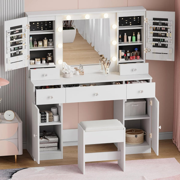 Vanity Set with Mirror and Lights, Wanan White Makeup Vanity Desk with Jewelry Storage, 45.3" Large Vanity Set - 5 Drawers & 4 Cabinets for Bedroom