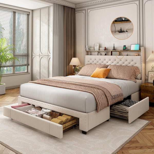 Bed Frame with 3 Drawers, 2-Tier Storage Headbord, Bed Frame with Storage, LED Lights and Charging Station, Upholstered Platform Bed Frame, Wood Slats Support