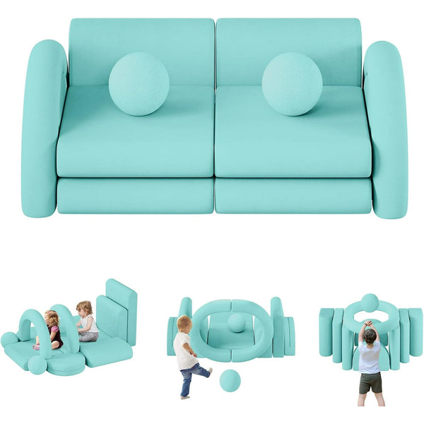 Wanan 12Pcs Modular Kids Play Couch with Balls and Tunnel, Toddler Sofa for Playroom, Ice-Snow Blue