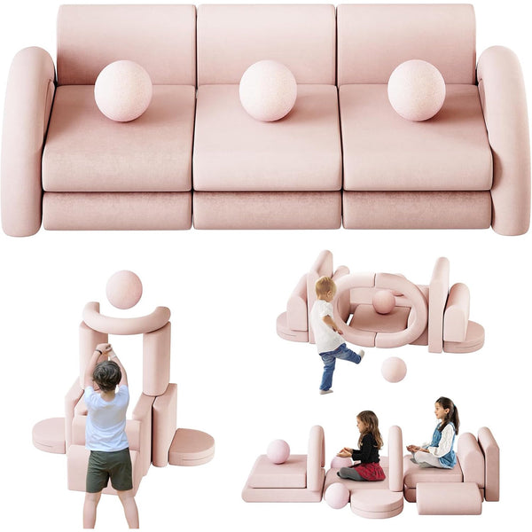 Wanan 16Pcs Modular Kids Play Couch with Balls and Tunnel, Toddler Sofa for Playroom, Pink
