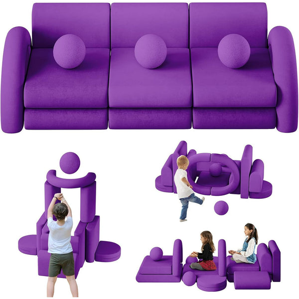 Wanan 16Pcs Modular Kids Play Couch with Balls and Tunnel, Toddler Sofa for Playroom, Purple