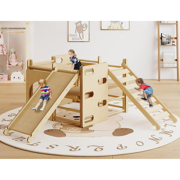 Wanan 7-in-1 Indoor Jungle Gym, Wooden Indoor Playground for Kids 1-3, Toddler Playground with Climbing Arch, Ladder, Rock and Slide, Montessori Climbing Set Play Gym - Wood