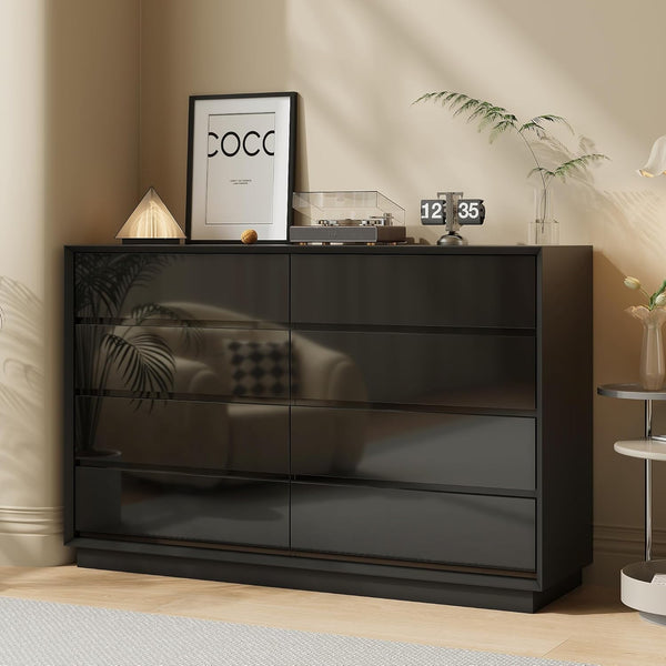 Wanan 8 Drawer Black Dresser for Bedroom, Tall Glossy Modern Chest of Drawers, Large Double Deep Wood Dresser for Closet, Bedroom Furniture Storage