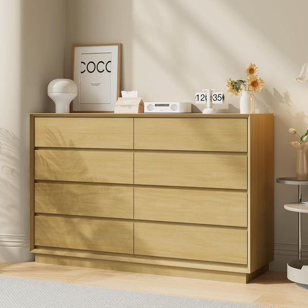 Wanan 8 Drawer Oak Dresser for Bedroom, Tall Glossy Modern Chest of Drawers, Large Double Deep Wood Dresser for Closet, Bedroom Furniture Storage
