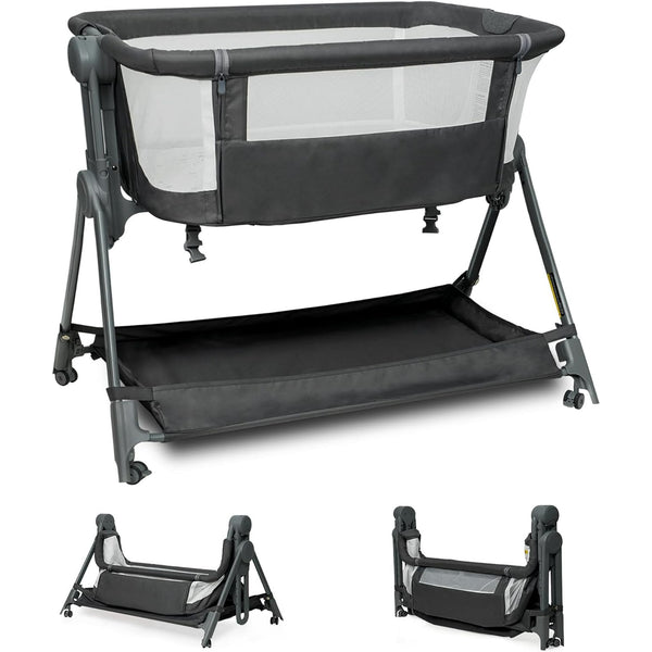 Wanan Bassinets Bedside Sleeper, Baby Bassinet One-Button Folding Portable Bedside Bassinets, Breathable Mesh and Soft Mattress, Adjustable Height Baby Crib with Storage Basket and Wheels for Newborn