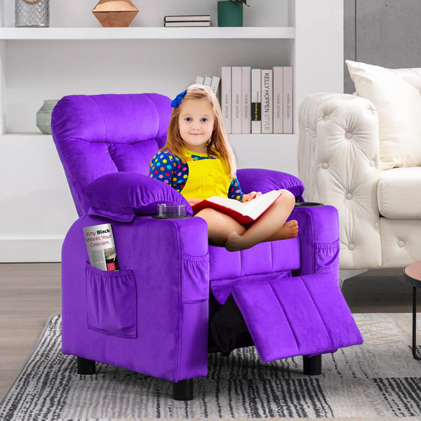 Wanan Kids Recliner Chair, Modern Velvet Lounge with Cup Holder, Footrest, Side Pockets, Gray
