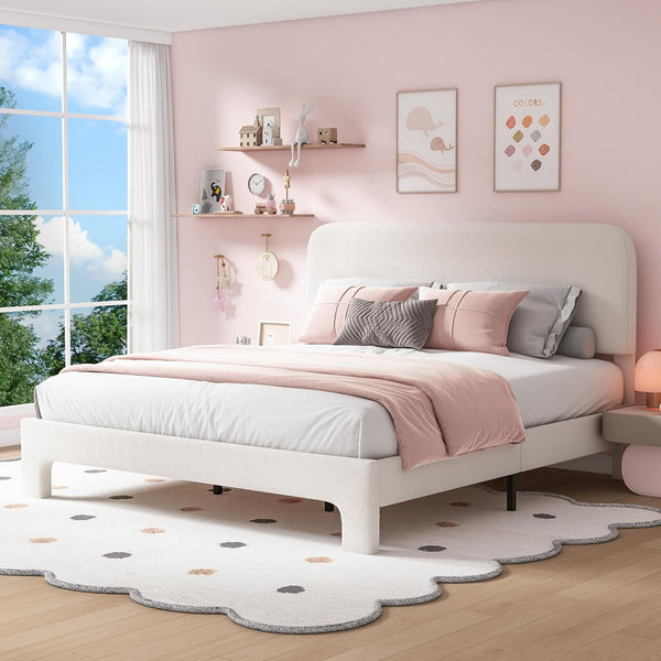 Wanan King Bed Frame, Upholstered Bed Frame with Rounded Corners, Boucle Soft Cloud Bed Frames in Modern Style, Noise-Free Structure, Easy Assembly, Cream