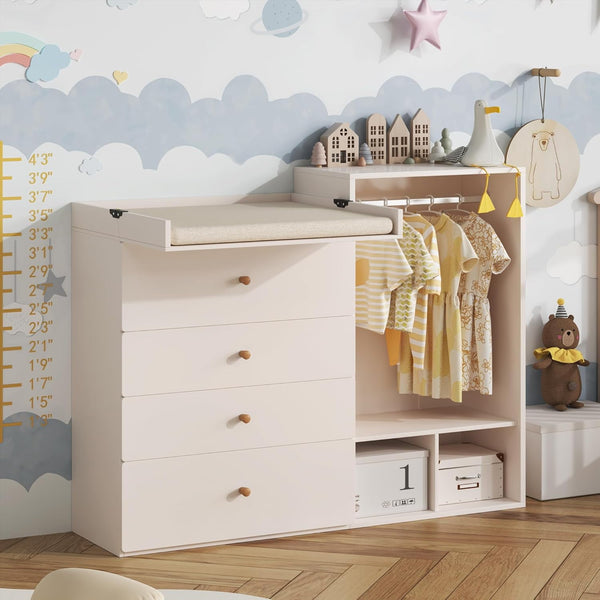 Wanan Large Baby Changing Table Dresser with Wide Changing Table Top and 4 Drawers, 59.1" Nursery Dresser with Clothes Rack and Mirror, Modern Diaper Changing Station, Children's Room