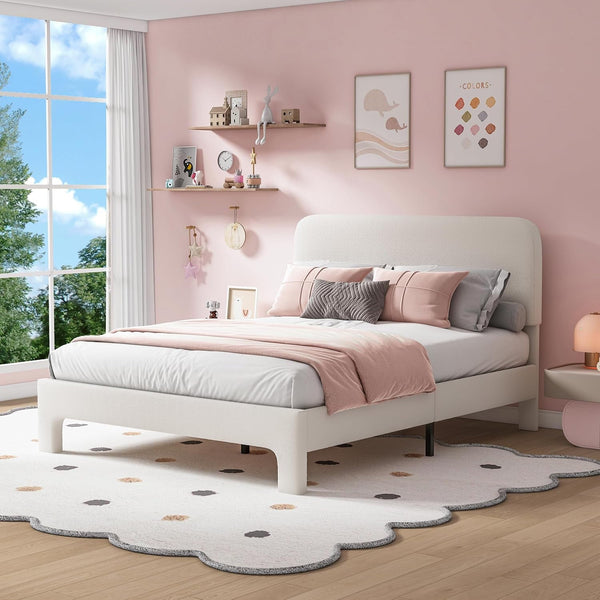Wanan Queen Size Bed Frame, Upholstered Bed Frame Queen with Rounded Corners, Adjustable Bed Frame in Modern Style, Heavy Duty Mattress Foundation, Noise-Free, Easy Assembly, Cream