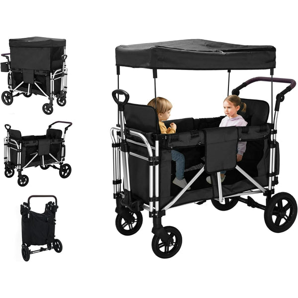 Stroller Wagon for 4 Kids, Wanan 4 Seater Stroller Wagon W/ Double Push Bar, 5-Point Harnesses, Adjustable Canopy, Storage, Insulated Bags, 4 Child Stroller Wagon for Beach, Garden, Shopping, Camping