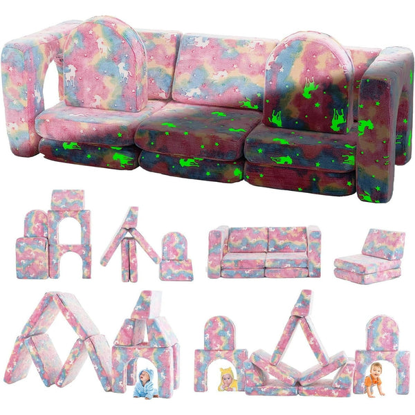 Wanan Toddler Couch, Modular Kids Sofa Foldable Loveseat with 2 Ottomans, Washable Cover, Navy