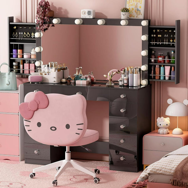 Wanan Vanity Desk with Mirror & Power Outlet, 11-Drawer Makeup Vanity with 14 LED Lights (3 Modes), Sliding Jewelry Storage, Black Glass Top Specular Surface