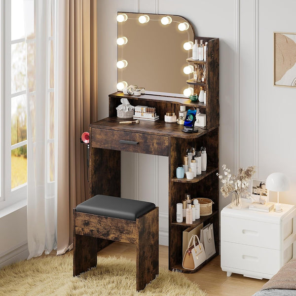 Wanan Vanity Set with Mirror and Lights, Small Makeup Vanity Desk with Stool, Charging Station, Vanity for Small Spaces