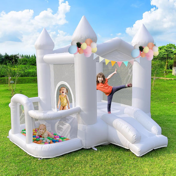 Wanan White Bounce House, 9FT Inflatable Bounce House for Kids, 840D Oxford Cloth Bounce House with Slide, Castle Style Bouncy House with Blower, Easy to Set up, Party & Birthday & Gift