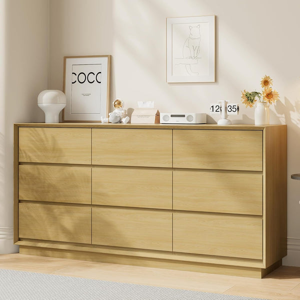 Wanan Wooden Dresser, 63 inch Large Chest of 9 Drawers, Tall Modern Dresser for Bedroom Storage, Oak Dressers