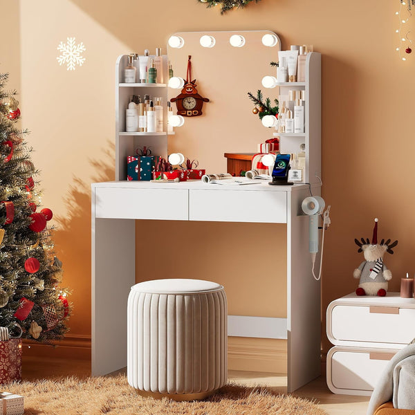 Black Small Vanity Desk with Lighted Mirror and Power Outlet, Pipleo 31.5" Makeup Table with 2 Drawers & 6 Storage Shelves, Women Girls Vanity for Small Space, Easy Assembly