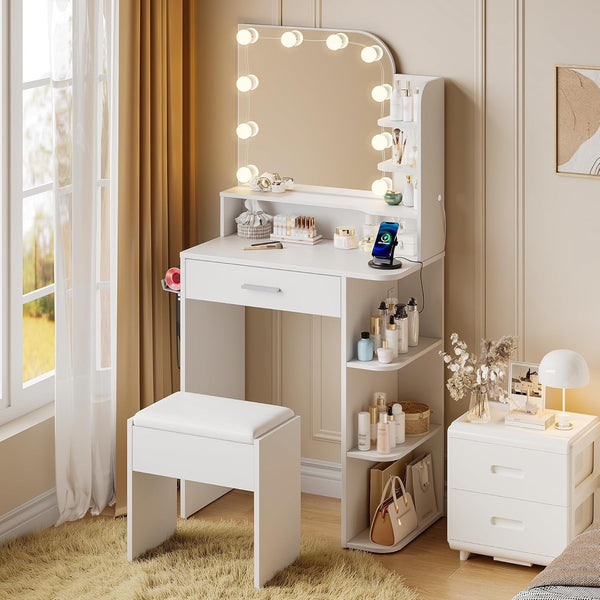 Black Vanity Set with Mirror and Lights, Pipleo 26.4" Small Vanity with Stool and Charging Station, Makeup Vanity Desk, 3 Color Lighting Modes
