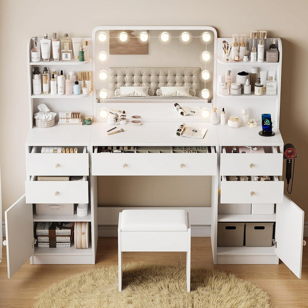 White Vanity Sets with Mirror and LED Lights, Wanan 58.2" Makeup Vanity Table with Power Outlet, 5 Drawers 2 Cabinets & 6 Shelves, Vanity Desk with Stool