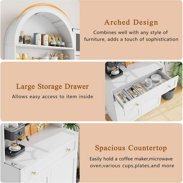 Akaber US 71" Tall Arched Kitchen Pantry Cabinet, Modern Kitchen Storage Cabinets with Hidden Drawer and Spacious Countertop, Wooden Storage Pantry Cabinet for Living Room, Dining Room, White