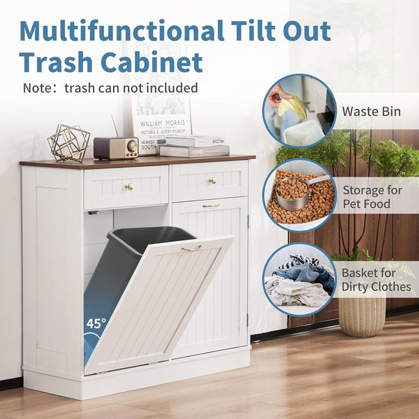 Tilt Out Trash Cabinet 10 Gallon, Kitchen Trash Can Cabinet with Adjustable Shelf & 2 Drawers, Freestanding Trash Cabinet, Recycling Cabinet for Laundry, Living Room, Bathroom