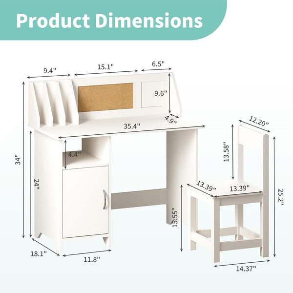 White Kids Study Desk with Chair, Wooden Kids Study Desk and Chair Set, Study Table for Boys and Girls, Kids Computer with Storage Drawers, Bookshelf and Bullentin Board