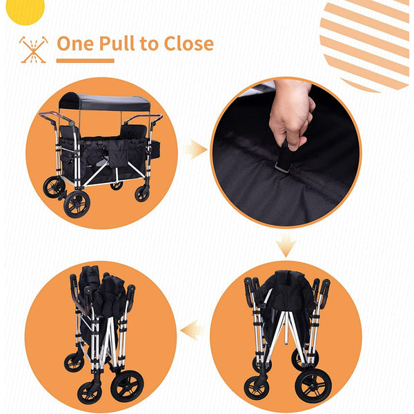 Stroller Wagon for 4 Kids, Wanan 4 Seater Stroller Wagon W/ Double Push Bar, 5-Point Harnesses, Adjustable Canopy, Storage, Insulated Bags, 4 Child Stroller Wagon for Beach, Garden, Shopping, Camping