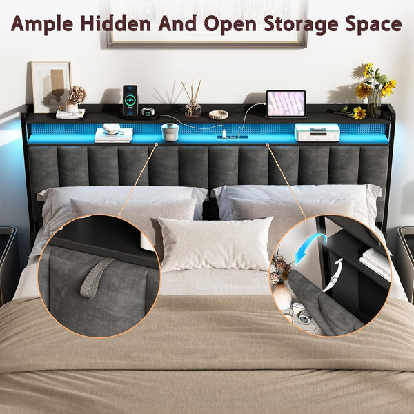 Akaber King Size Headboard only, Upholstered Headboard for Bed with Hidden Storage and Charging Station, LED Lights, Adjustable, Easy Assembly, Black (King (U.S. Standard))