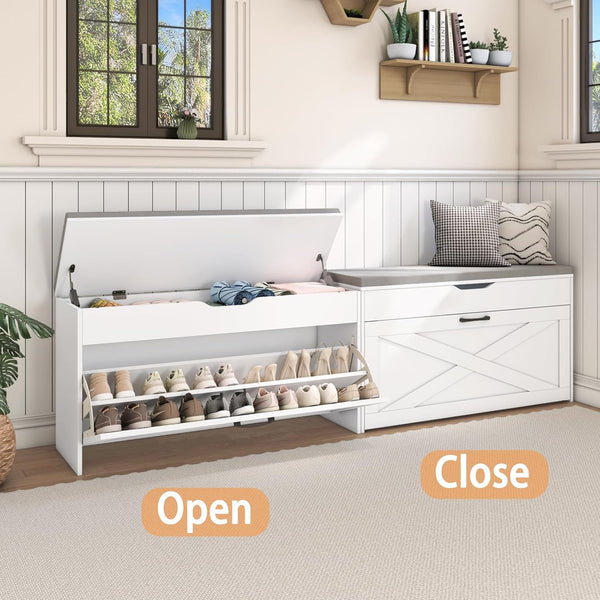 Shoe Storage Bench with Padded Cushion, Entryway Bench with Flip Drawer & Flip-Open Storage Box, Shoe Bench for Entryway, Bedroom, Hallway, Living Room