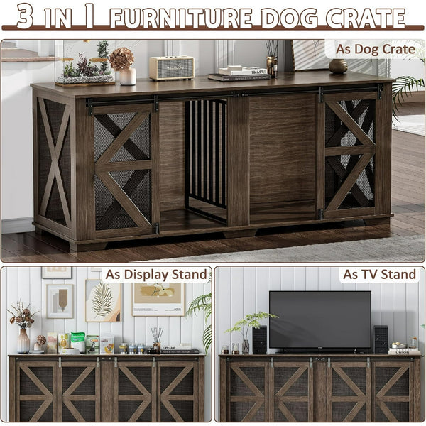 Akaber 71 Inch Double Dog Crate for 2 Dogs，Farmhouse Furniture Style Indoor Heavy Duty Steel Frame Kennel with Sliding Doors & Adjustable Divider, Dark Walnut
