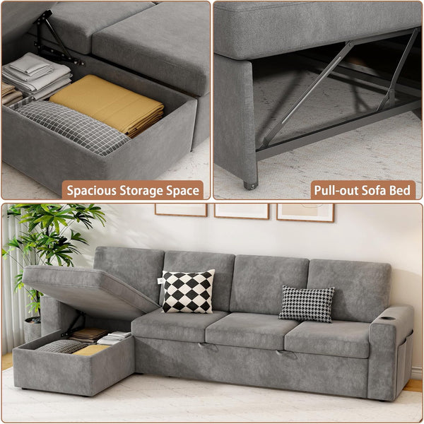 Akaber 103" Sleeper Sofa, L-Shaped Sectional Sofa Bed with Storage Chaise, Reversible 2 in 1 Pull Out Couch with Cup Holders for Living Room, 4-Seater,Grey