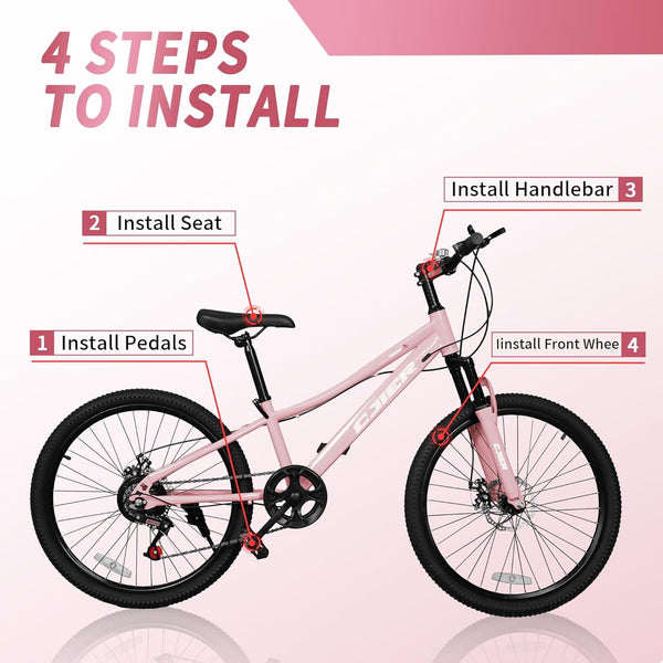 Linor 24" Kids Mountain Bike for Kids 6-12, 7 Speeds Drivetrain Kids Bike, Girls Boys Bike with Suspension Fork, Dual-Disc Brake, Anti-Slip Butyl Tires, Pink